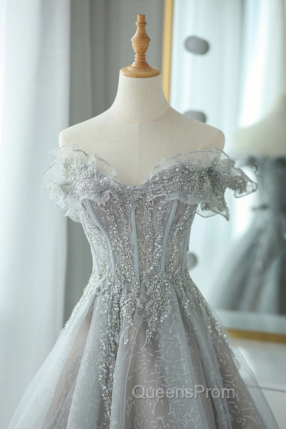 Gray Tulle Lace Floor Length Evening Dress, Off the Shoulder Evening Prom Dress