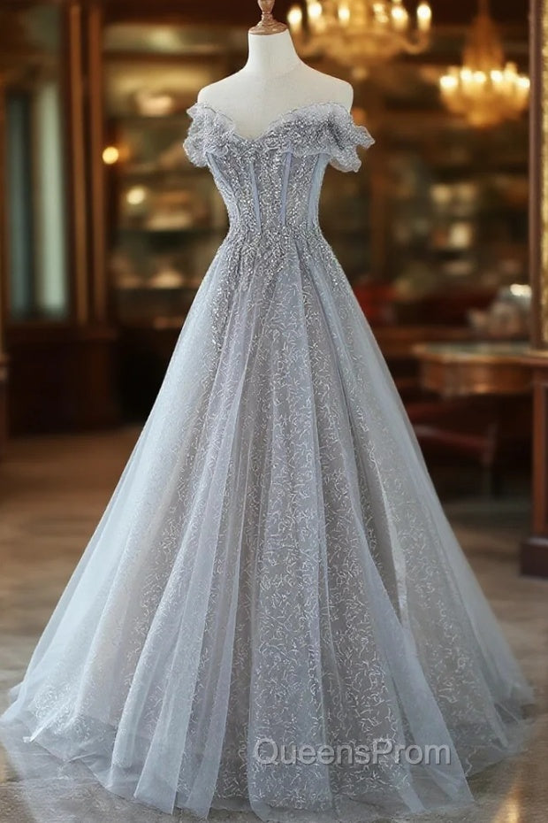 Gray Tulle Lace Floor Length Evening Dress, Off the Shoulder Evening Prom Dress Main image