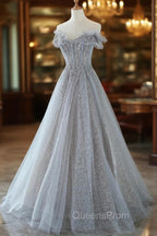 Gray Tulle Lace Floor Length Evening Dress, Off the Shoulder Evening Prom Dress