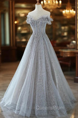 Gray Tulle Lace Floor Length Evening Dress, Off the Shoulder Evening Prom Dress