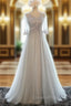 Gray Tulle Lace Half Sleeve Bridesmaid Dress