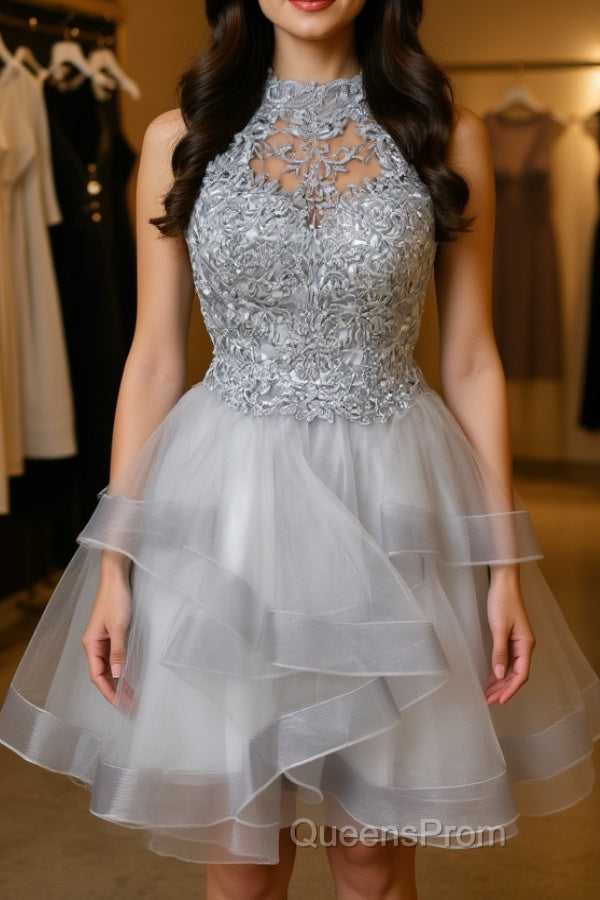 Gray tulle lace high neck short Evening Prom Dress gray homecoming Dress