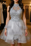 Gray tulle lace high neck short Evening Prom Dress gray homecoming Dress