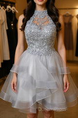 Gray tulle lace high neck short Evening Prom Dress gray homecoming Dress
