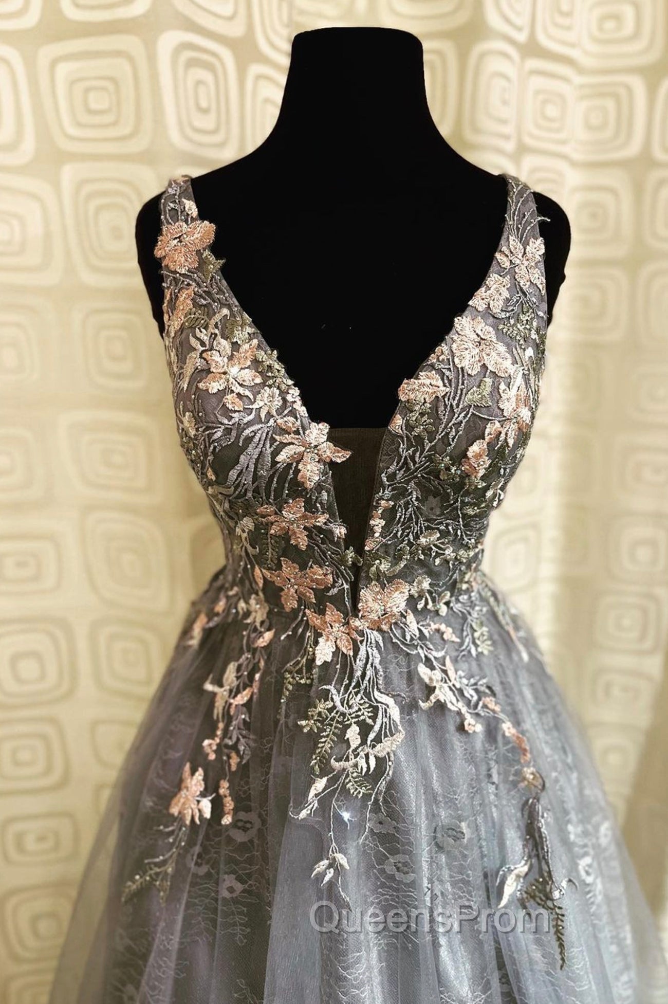 Gray Tulle Lace long A-Line Evening Prom Dress, Gray V-Neck Evening Party Dress Secondary image