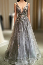 Gray Tulle Lace long A-Line Evening Prom Dress, Gray V-Neck Evening Party Dress