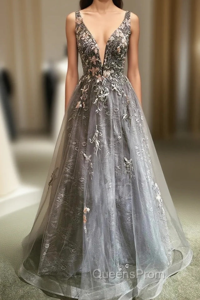 Gray Tulle Lace long A-Line Evening Prom Dress, Gray V-Neck Evening Party Dress