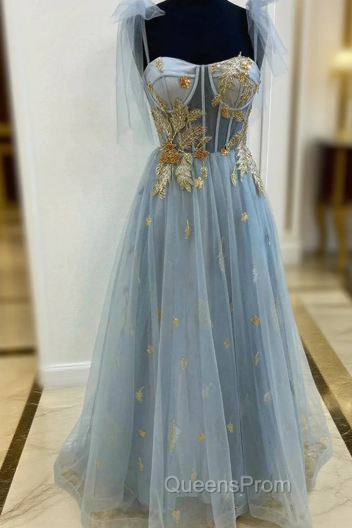 Gray Tulle Lace Long Evening Prom Dress, A-Line Spaghetti Straps Evening Dress Main image