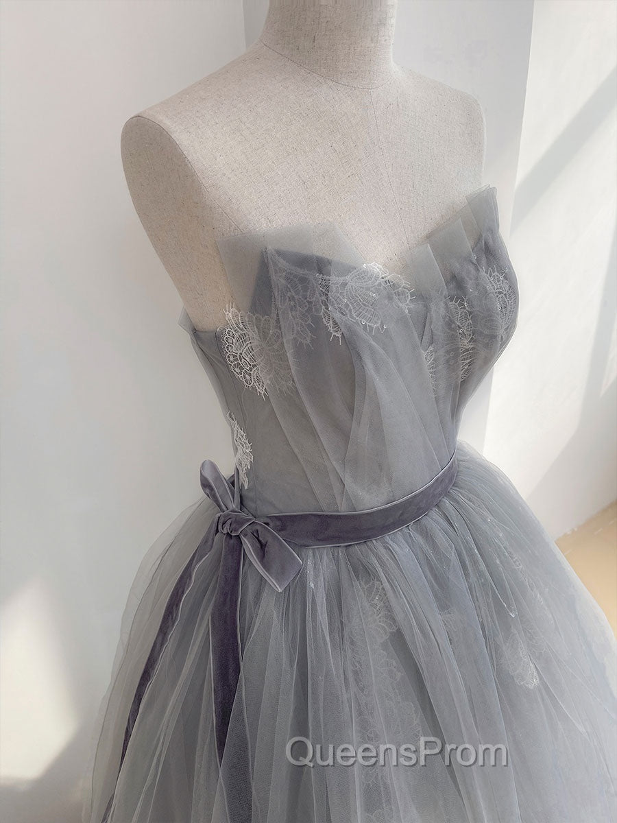 Gray Tulle Lace Long Evening Prom Dress, Gray Ball Gown Evening Dress
