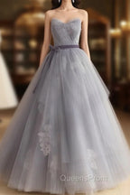Gray Tulle Lace Long Evening Prom Dress, Gray Ball Gown Evening Dress