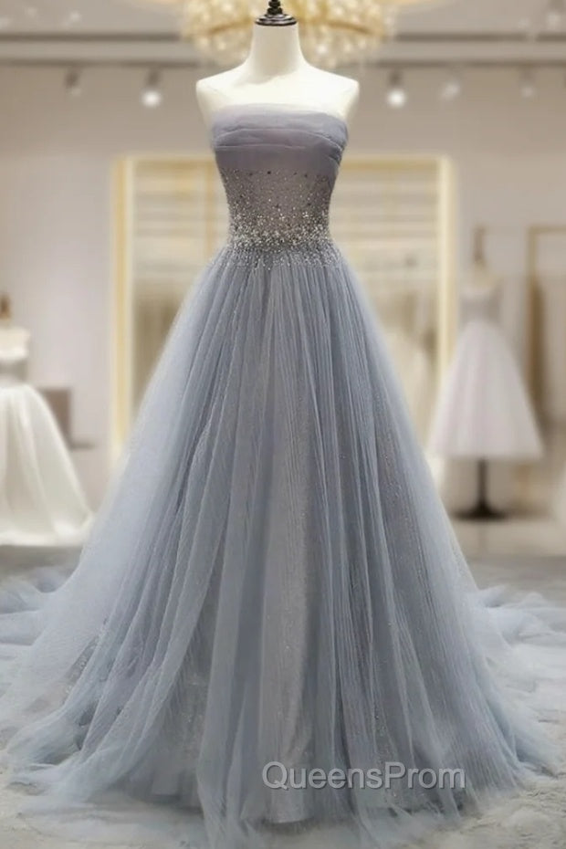 Gray Tulle Lace Long Evening Prom Dress, Gray Blue Tulle Lace Evening Dress Main image