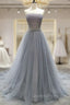 Gray Tulle Lace Long Evening Prom Dress, Gray Blue Tulle Lace Evening Dress