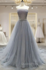 Gray Tulle Lace Long Evening Prom Dress, Gray Blue Tulle Lace Evening Dress