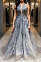 Gray tulle lace long Evening Prom Dress gray tulle lace formal Dress