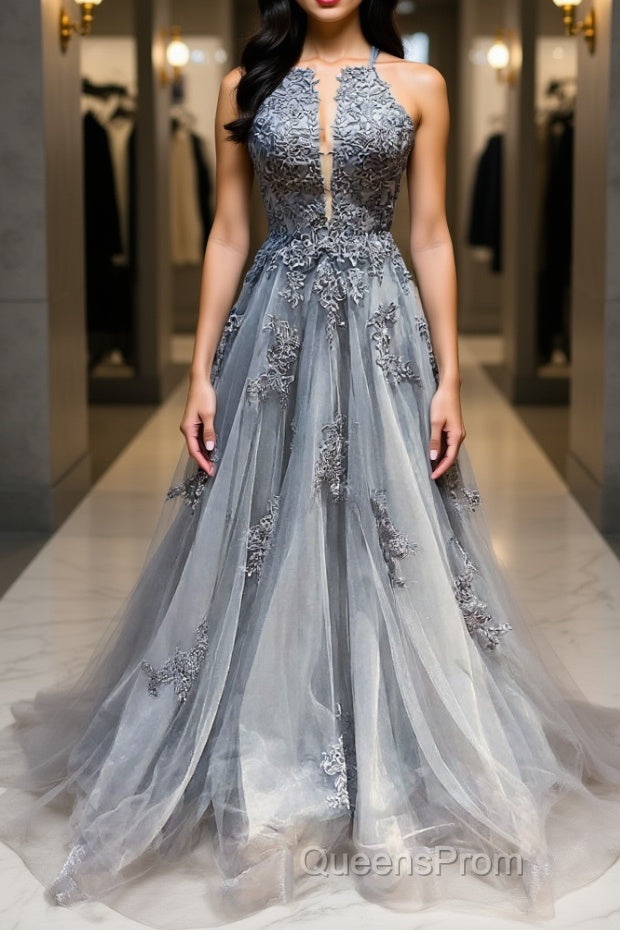 Gray tulle lace long Evening Prom Dress gray tulle lace formal Dress