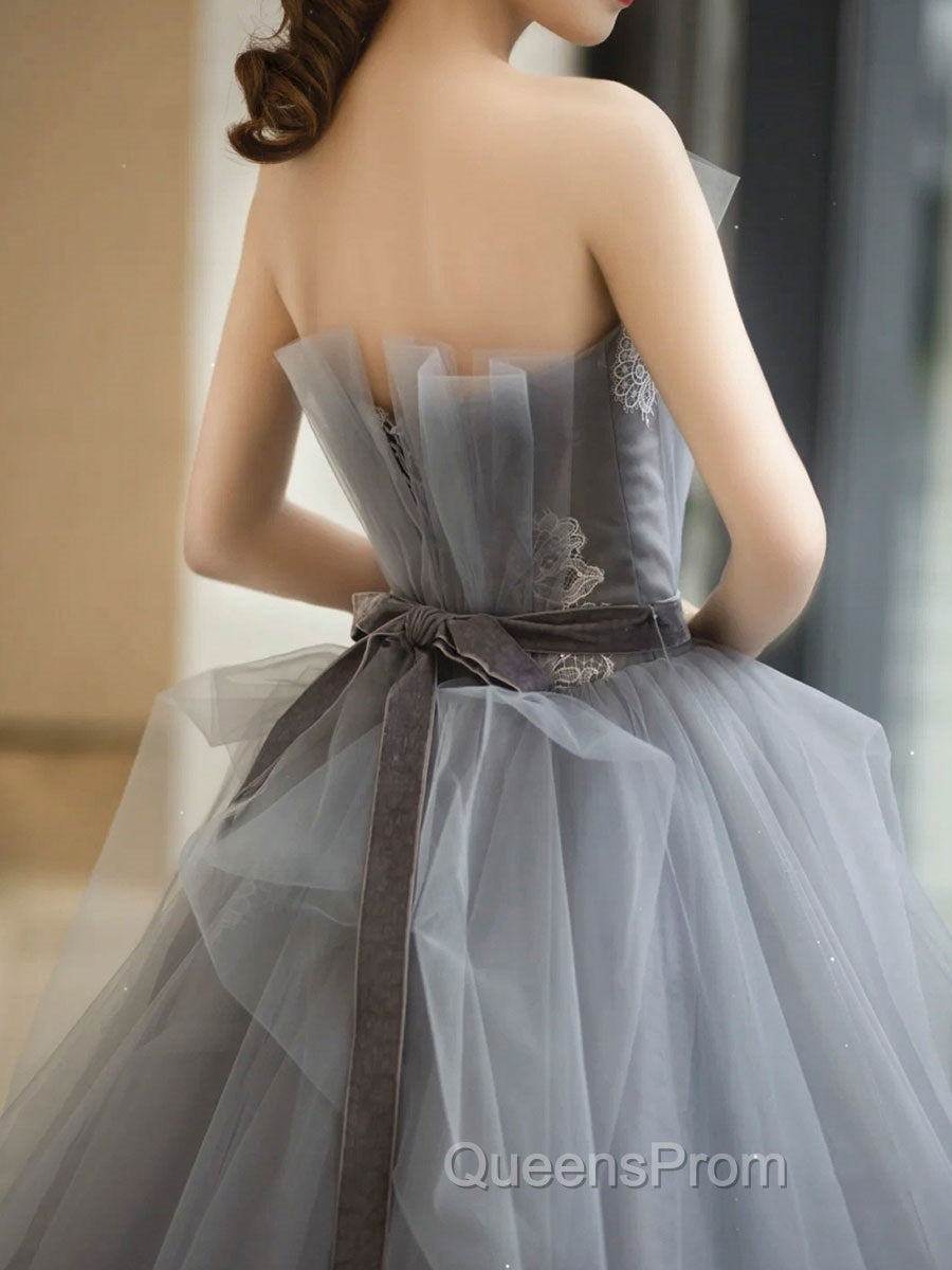 Gray Tulle Lace Long Evening Prom Dress, Gray Tulle Sweet 16 Dress