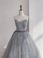Gray Tulle Lace Long Evening Prom Dress, Gray Tulle Sweet 16 Dress