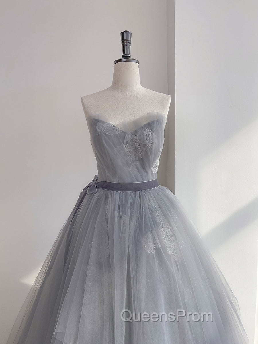 Gray Tulle Lace Long Evening Prom Dress, Gray Tulle Sweet 16 Dress