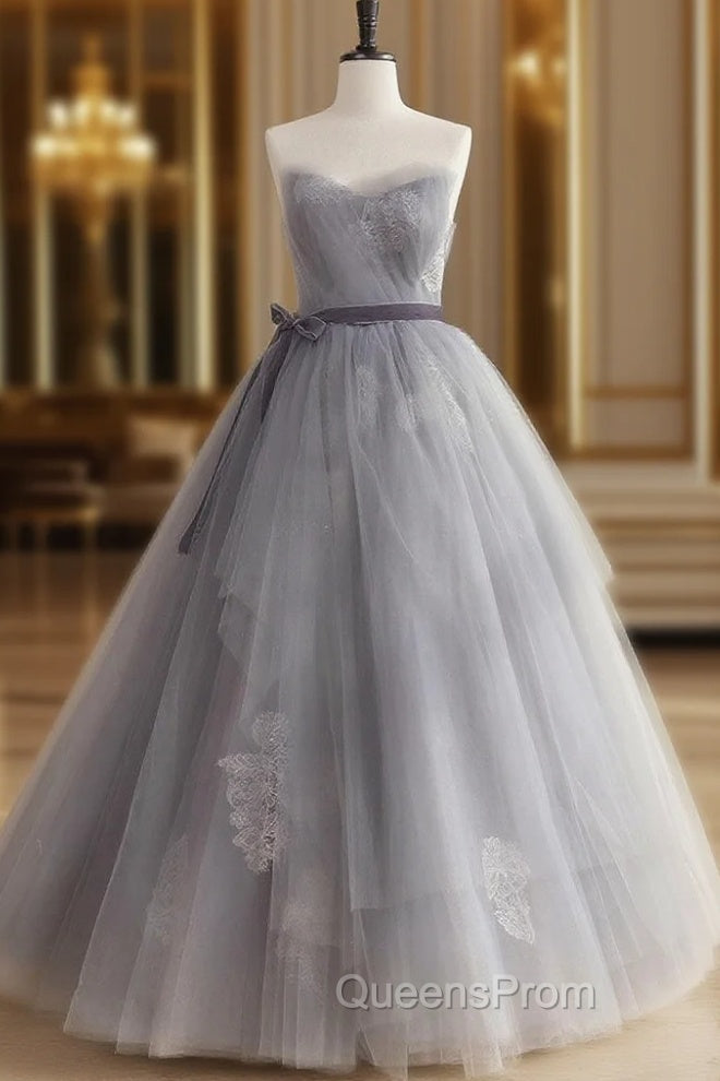 Gray Tulle Lace Long Evening Prom Dress, Gray Tulle Sweet 16 Dress