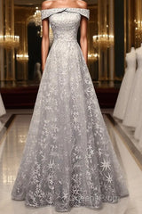 Gray tulle lace long Evening Prom Dress, lace tulle bridesmaid Dress