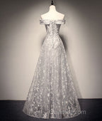 Gray tulle lace long Evening Prom Dress, lace tulle bridesmaid Dress