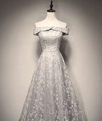 Gray tulle lace long Evening Prom Dress, lace tulle bridesmaid Dress