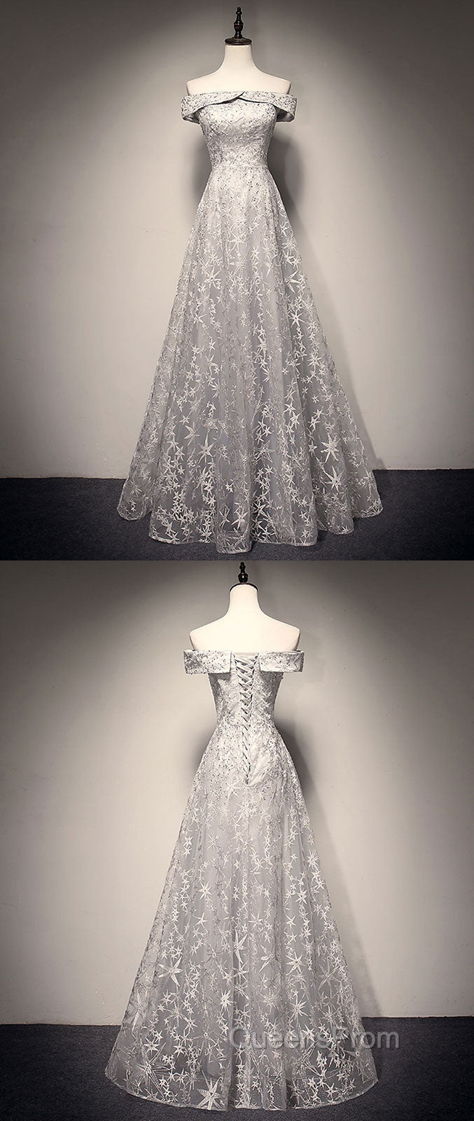 Gray tulle lace long Evening Prom Dress, lace tulle bridesmaid Dress