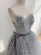Gray Tulle Lace Long Evening Prom Dress Sweet 16 Dress A Line Off Shoulder December Wedding Guest Dress