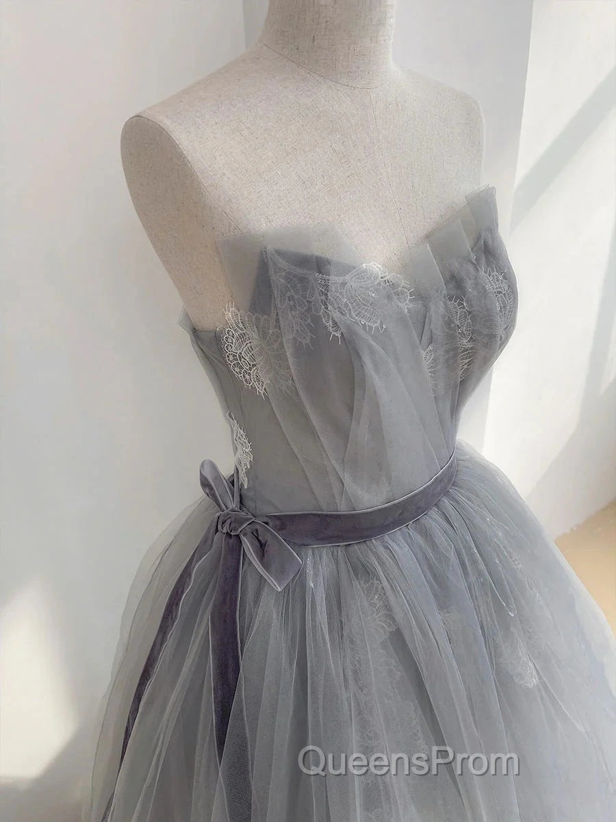 Gray Tulle Lace Long Evening Prom Dress Sweet 16 Dress A Line Off Shoulder December Wedding Guest Dress