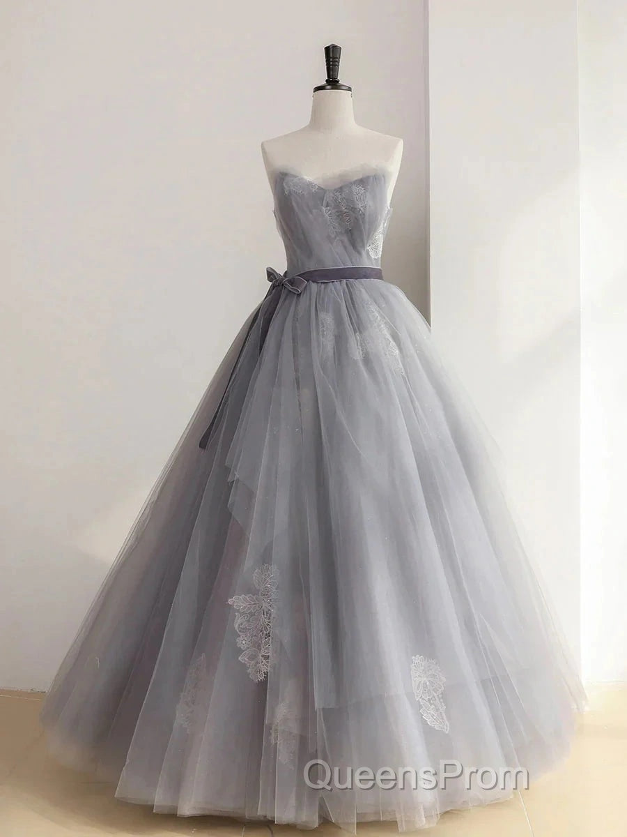 Gray Tulle Lace Long Evening Prom Dress Sweet 16 Dress A Line Off Shoulder December Wedding Guest Dress