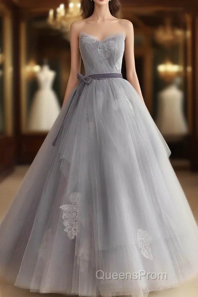 Gray Tulle Lace Long Evening Prom Dress Sweet 16 Dress A Line Off Shoulder December Wedding Guest Dress Main image