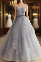 Gray Tulle Lace Long Evening Prom Dress Sweet 16 Dress A Line Off Shoulder December Wedding Guest Dress