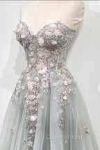 Gray Tulle Lace Long Strapless Evening Prom Dress, A-Line Evening Dress