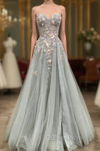Gray Tulle Lace Long Strapless Evening Prom Dress, A-Line Evening Dress