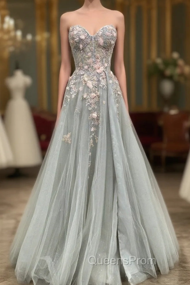 Gray Tulle Lace Long Strapless Evening Prom Dress, A-Line Evening Dress