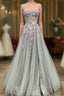 Gray Tulle Lace Long Strapless Evening Prom Dress, A-Line Evening Dress