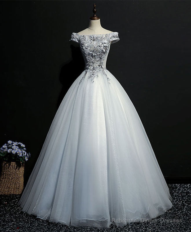 Gray Tulle Lace Off Shoulder Long Prom Gown Tulle Lace Evening Dress Main image