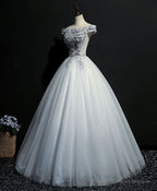 Gray Tulle Lace Off Shoulder Long Prom Gown Tulle Lace Evening Dress