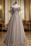 Gray Tulle Lace Pleats Beading Evening Prom Dress