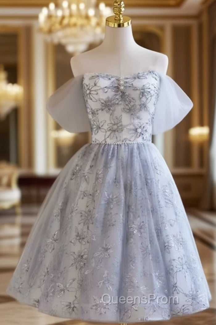 Gray Tulle Lace Sequins Homecoming Dress