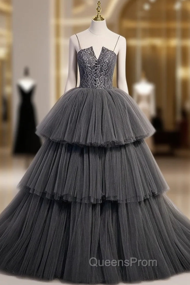 Gray Tulle Lace Spaghetti Straps Evening Prom Dress Main image