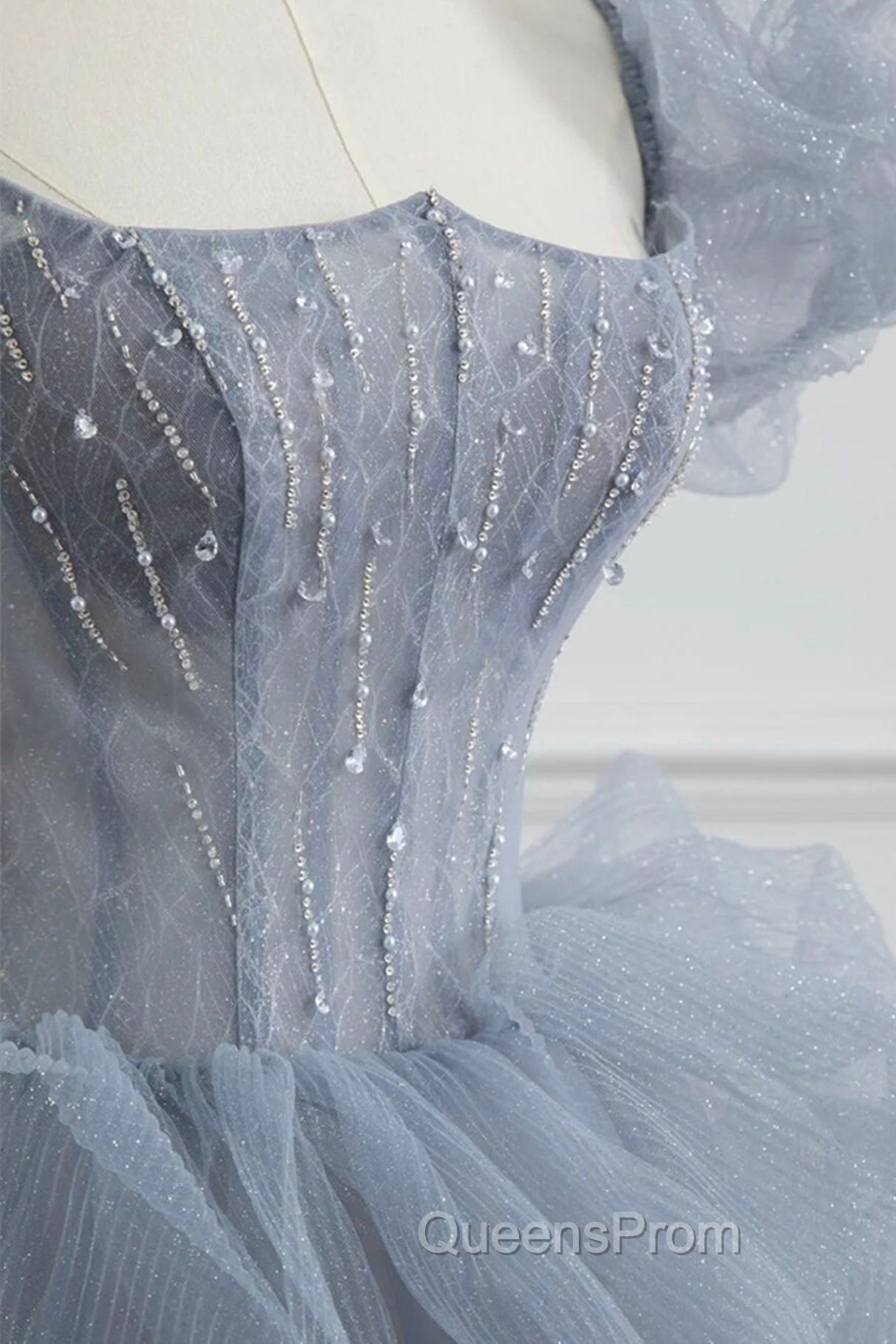 Gray Tulle Long A-Line Evening Prom Dress, Gray Short Sleeve Evening Dress