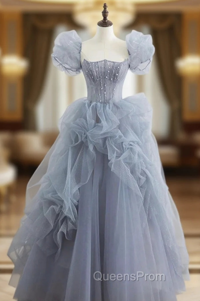 Gray Tulle Long A-Line Evening Prom Dress, Gray Short Sleeve Evening Dress