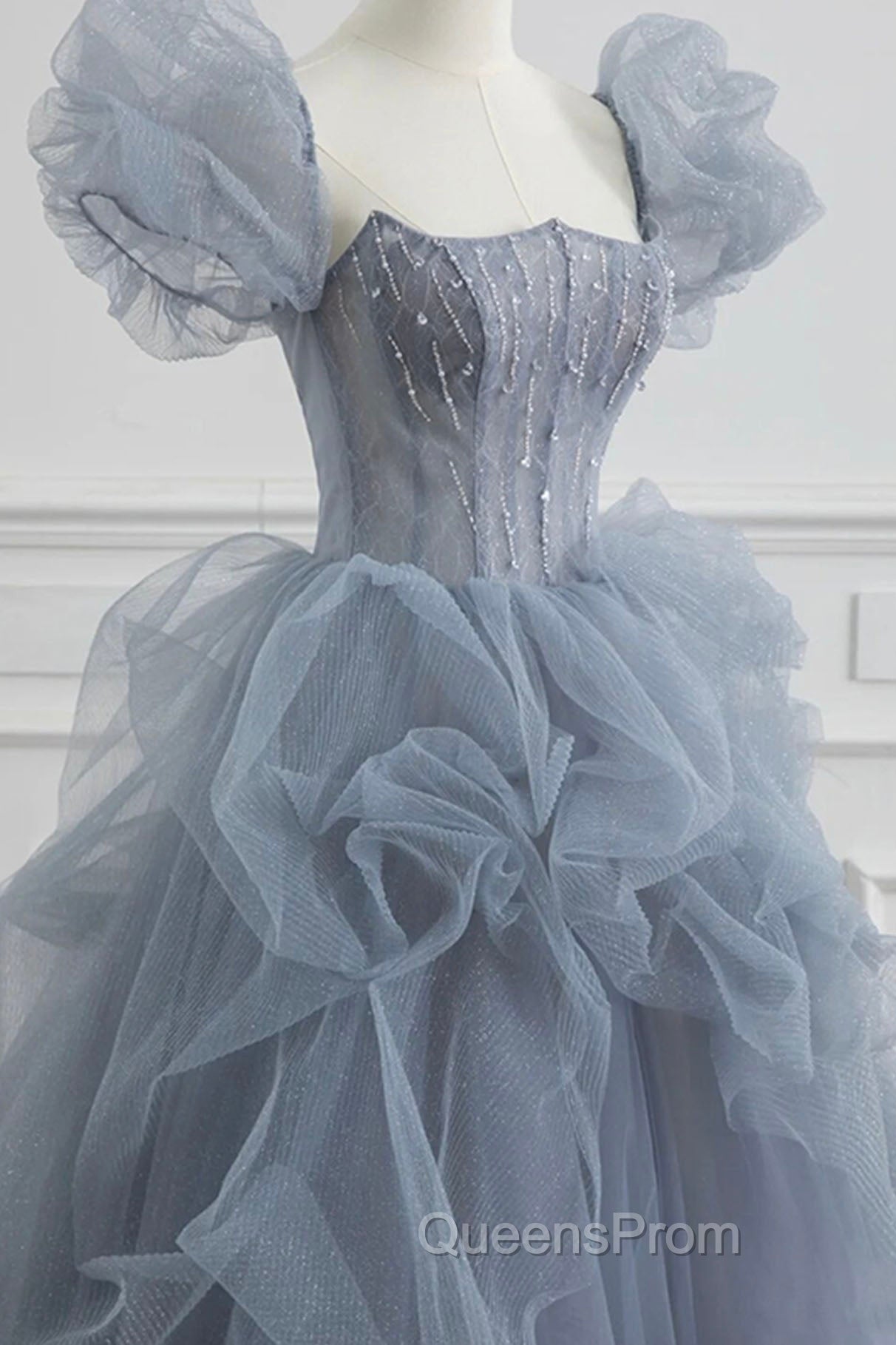 Gray Tulle Long A-Line Evening Prom Dress, Gray Short Sleeve Evening Dress