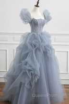 Gray Tulle Long A-Line Evening Prom Dress, Gray Short Sleeve Evening Dress