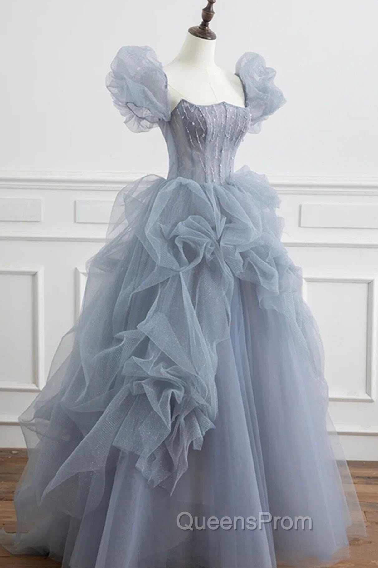 Gray Tulle Long A-Line Evening Prom Dress, Gray Short Sleeve Evening Dress