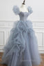Gray Tulle Long A-Line Evening Prom Dress, Gray Short Sleeve Evening Dress