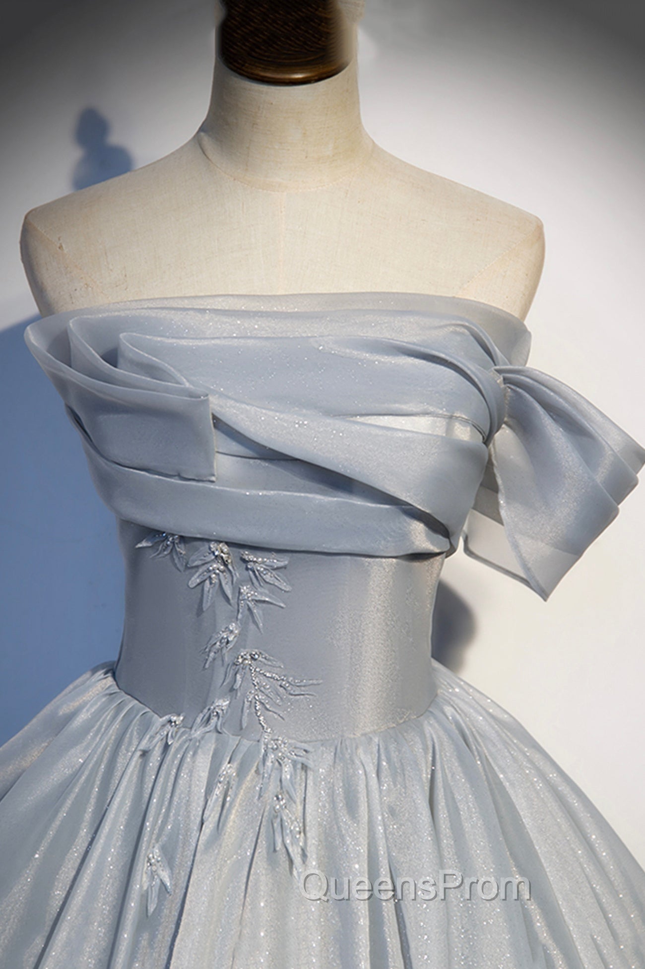 Gray Tulle Long A-Line Evening Prom Dress, Gray Strapless Evening Gown Secondary image