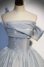 Gray Tulle Long A-Line Evening Prom Dress, Gray Strapless Evening Gown