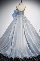 Gray Tulle Long A-Line Evening Prom Dress, Gray Strapless Evening Gown